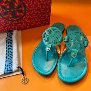 Tory Burch Turquoise Patent Leather Miller Sandals